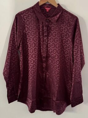 GUESS Women’s Burgundy Satin Logo Button-Down Shirt